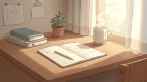 勉強机のノートと植物