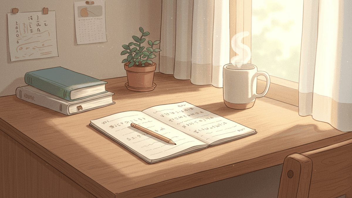 勉強机のノートと植物