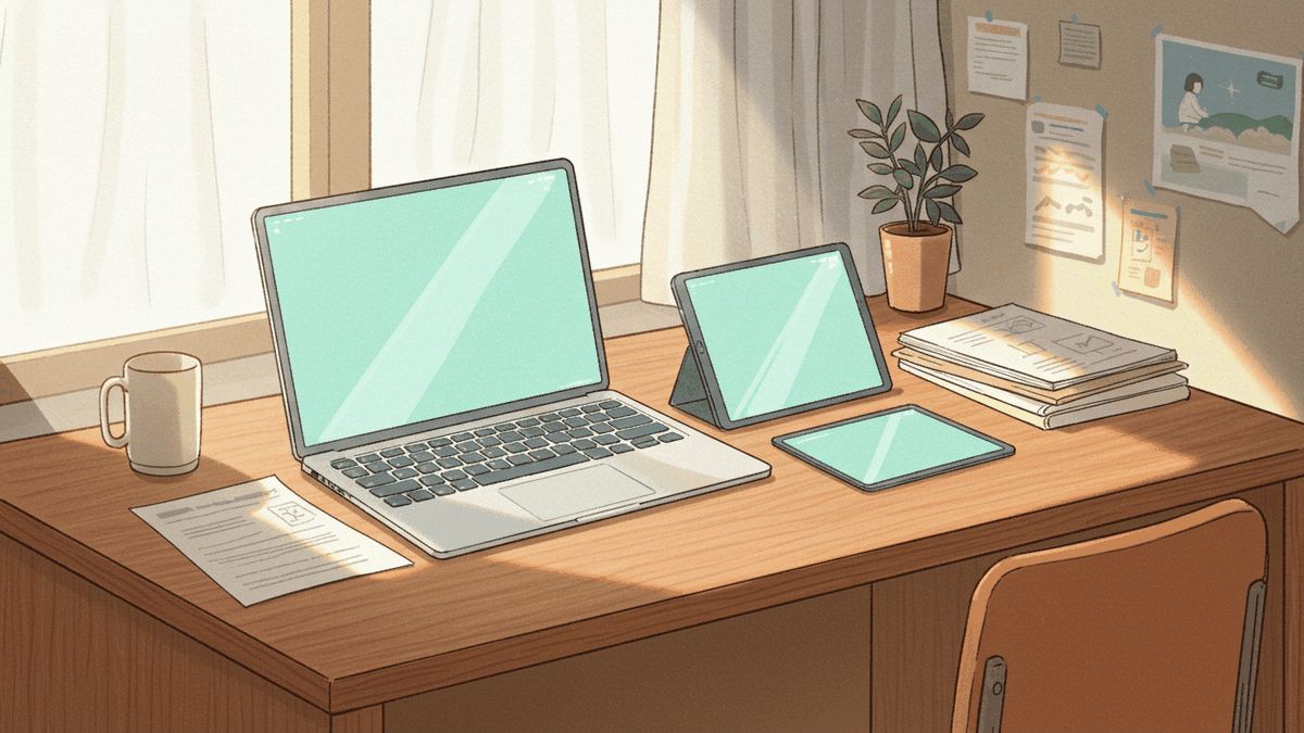 机のノートPCとタブレット・教材・付箋 — 教員向けAIツールの選び方