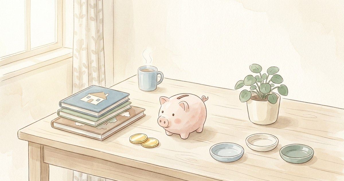子ども向けの絵本とコイン・貯金箱が並ぶ木の机 — 家庭でお金の話をするやさしい時間