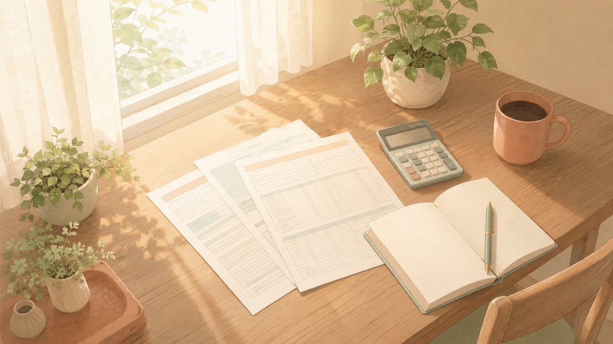 朝の光が差し込む机の上に置かれた給与明細のような書類と電卓、開いたノート — 教員の給料を確かめる場面