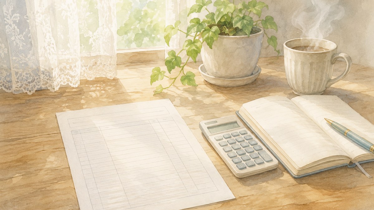 窓辺の机に置かれた給与明細ふうの紙と電卓、開いた手帳とコーヒーの水彩イラスト