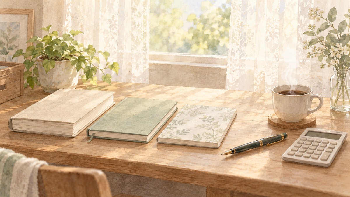 窓辺の机に、厚みの違う三冊のノートと電卓、万年筆、コーヒーカップが並ぶ水彩画。小学校・中学校・高校の給料を比べる記事のアイキャッチ